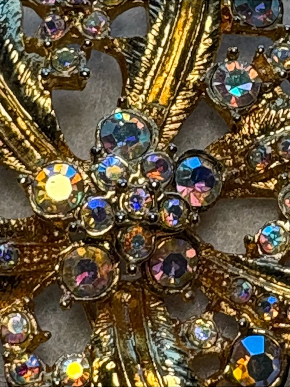 Vintage Gold Tone Floral Flower Spray Brooch With Aurora Borealis Rhinestones
